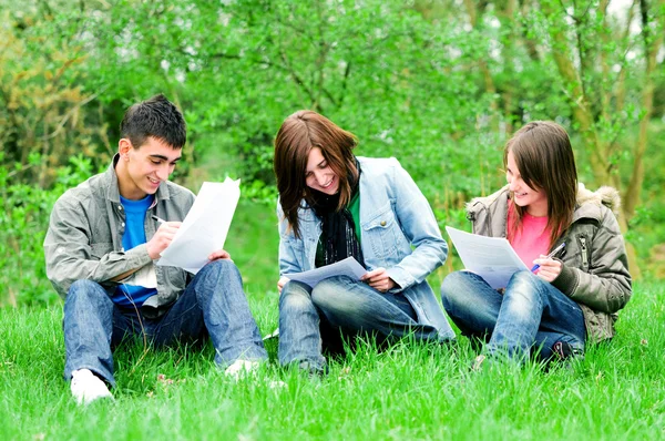 Jonge studenten leren buiten — Stockfoto