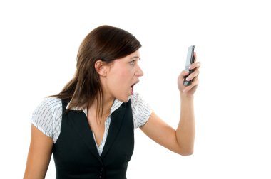 Angry businesswoman shouting to mobile clipart