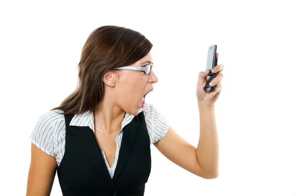 Angry businesswoman shouting to mobile — Stock Photo, Image