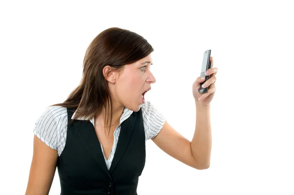 Angry businesswoman shouting to mobile — Stock Photo, Image