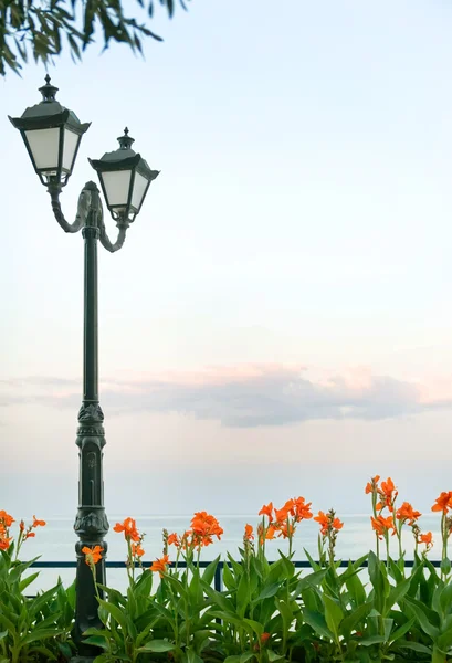 stock image Landscape with latern, sea, flowers