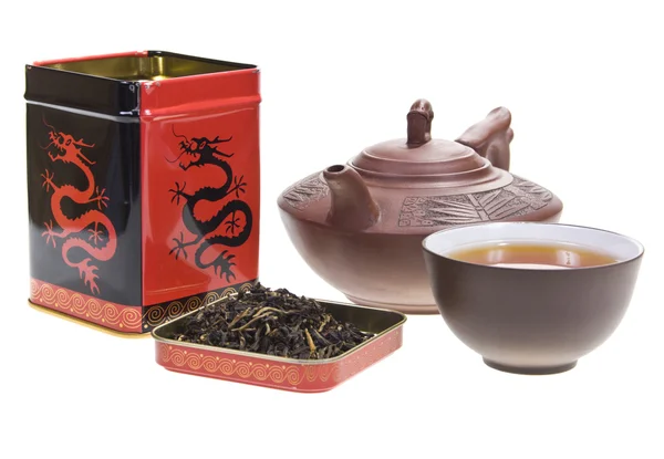 Pudełko na herbatę, czajnik i filiżanki — Zdjęcie stockowe