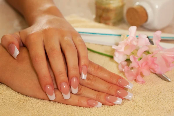 Hands of woman with french manicure Royalty Free Stock Photos