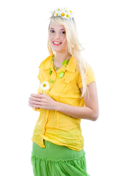Smiling blond girl with flowers — Stock Photo, Image