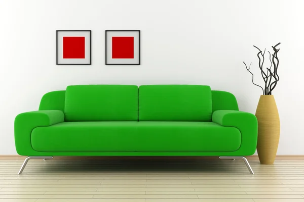 Groene sofa en vaas met droog hout — Stockfoto