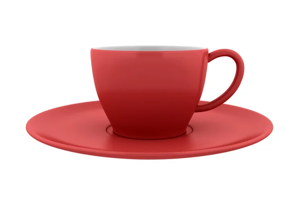 Červený keramický šálek a talířek, samostatný — Stock fotografie