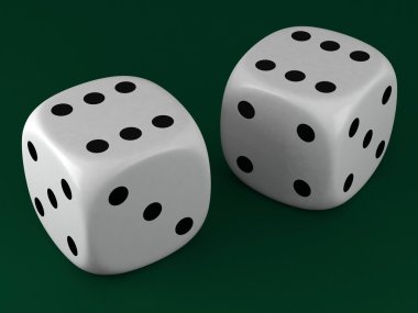 White dice on green cloth background clipart