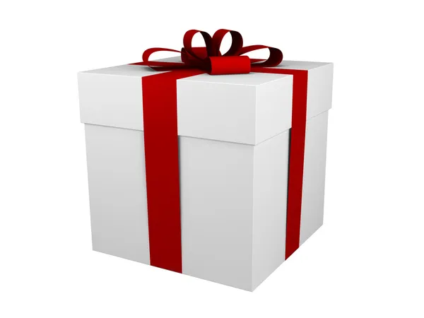 One white gift box with red ribbon — Stock Photo, Image