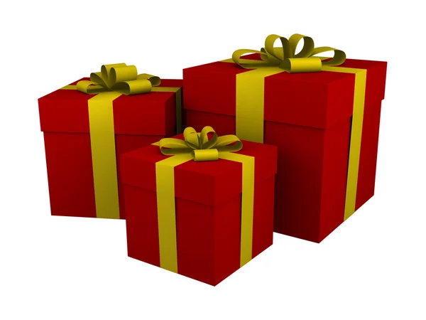 Tres cajas de regalo rojas con cinta amarilla — Foto de Stock