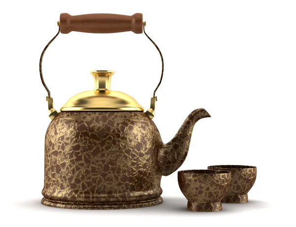 Reich verzierte chinesische Teekanne und Tassen isoliert — Stockfoto