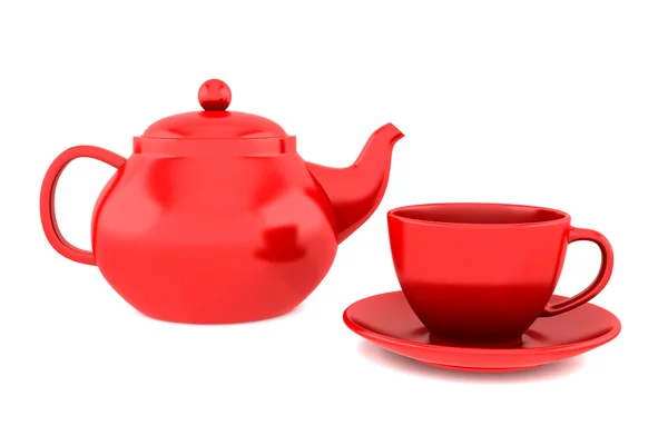 Teiera rossa e tazza isolata su bianco — Foto Stock