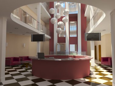 Modern hotel lobby with red reception clipart