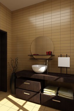 Japanese style bathroom with brown tiles clipart