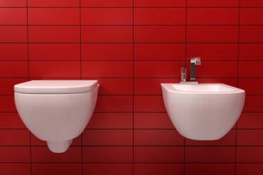 Modern toilet with red tile on wall clipart