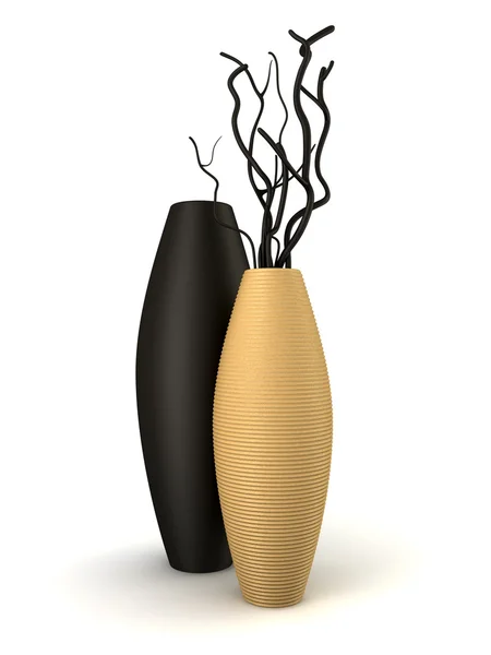 Kuru odunlar ile iki kahverengi ve siyah vazo — Stok fotoğraf