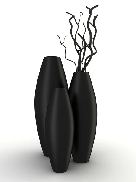 Три чорні вази з сухою деревиною ізольовані — стокове фото
