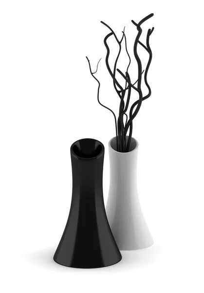 Black and white vases with dry wood — Stock Photo, Image