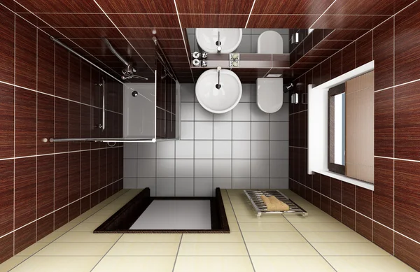 브라운 타일 레스와 함께 있는 현대식 욕실 — 스톡 사진