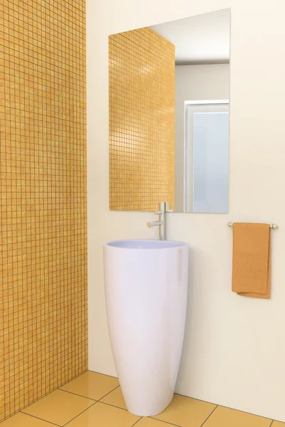 Современная ванная комната с коричневой плиткой на стене — стоковое фото