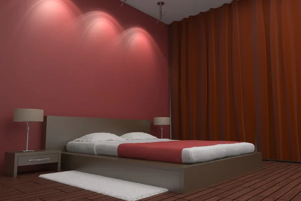 Современная спальня с красной стеной — стоковое фото