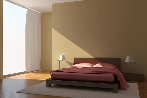 现代卧室用黄色的墙壁 — 图库照片