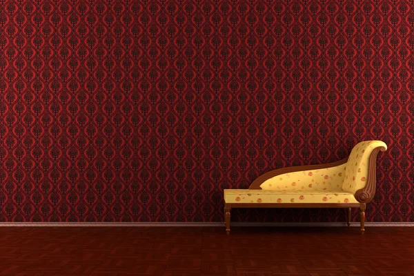 Klasyczna sofa przed czerwone ściany — Zdjęcie stockowe