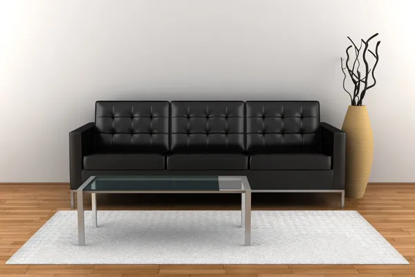 Черный кожаный диван и стеклянный стол — стоковое фото