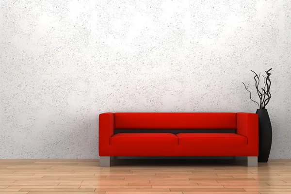 Röd soffa och vas med torrt trä — Stockfoto