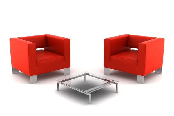 Two red armchairs with table isolated — Stock Photo, Image