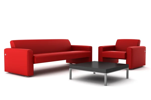 Sofá vermelho e poltrona com mesa — Fotografia de Stock