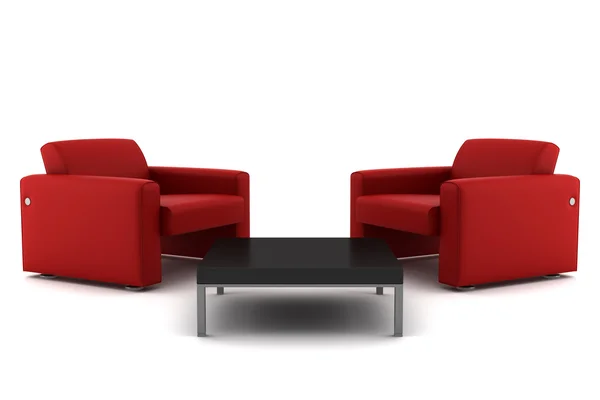 Two red armchairs with table isolated