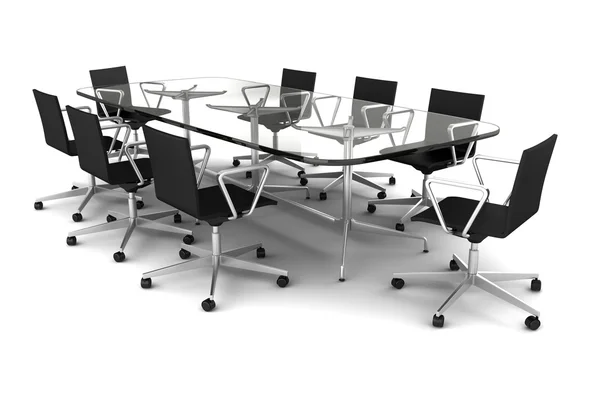 Mesa de reunión de vidrio con sillas negras — Foto de Stock