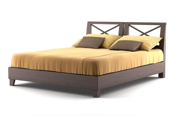 Коричневая деревянная кровать изолирована на белом — стоковое фото