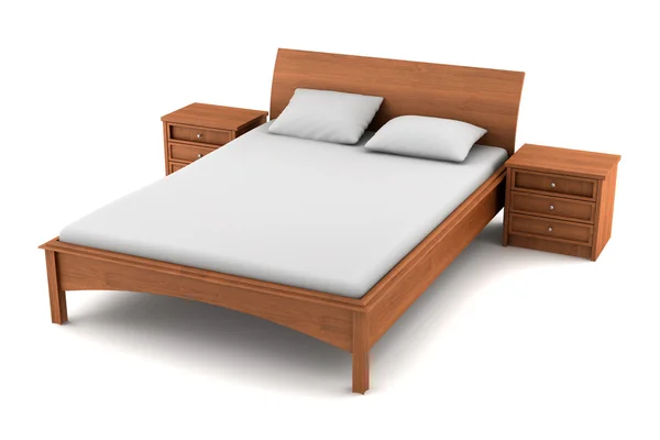 白色底座上的木制床 — 图库照片