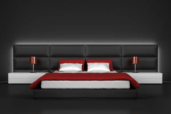 Moderne slaapkamer met zwarte muren en vloeren — Stockfoto