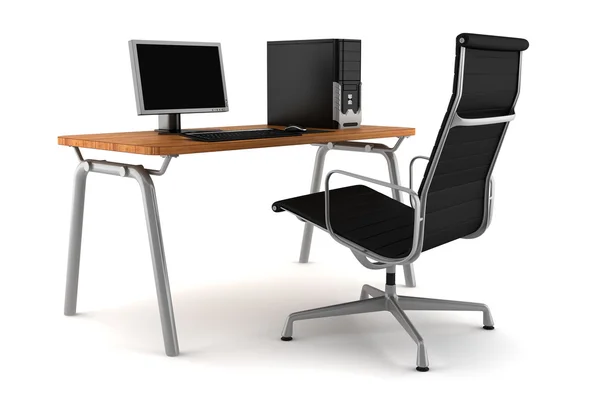 PC en la mesa con silla aislada en blanco — Foto de Stock
