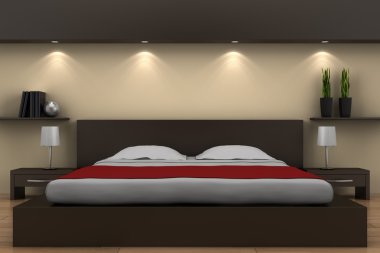 Modern bedroom with brown bed clipart