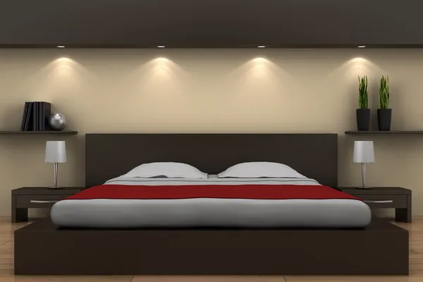Modernes Schlafzimmer mit braunem Bett — Stockfoto