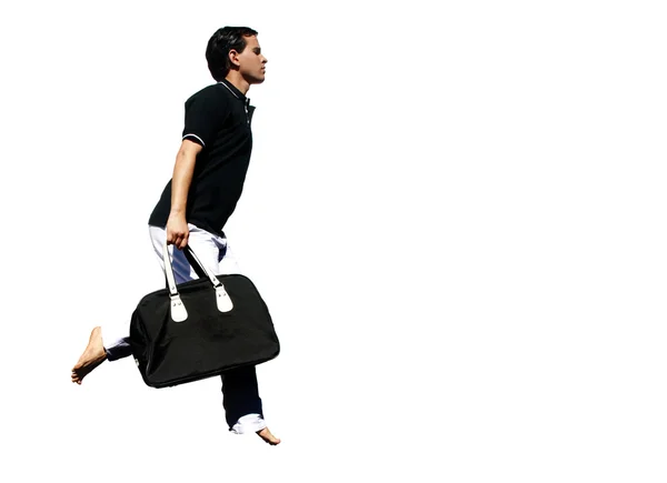 Man met een zak weg in overhaaste gait — Stockfoto