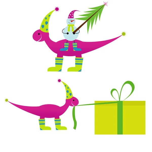 Рождественский динозавр со снеговиком и подарком — стоковый вектор