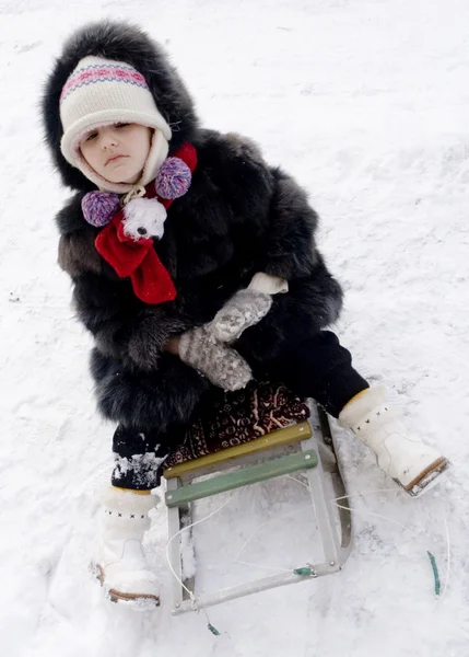 Girl on sledge — Stock Photo, Image