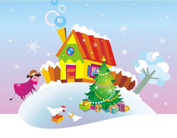 Jul bakgrund med hus på landet. — Stock vektor
