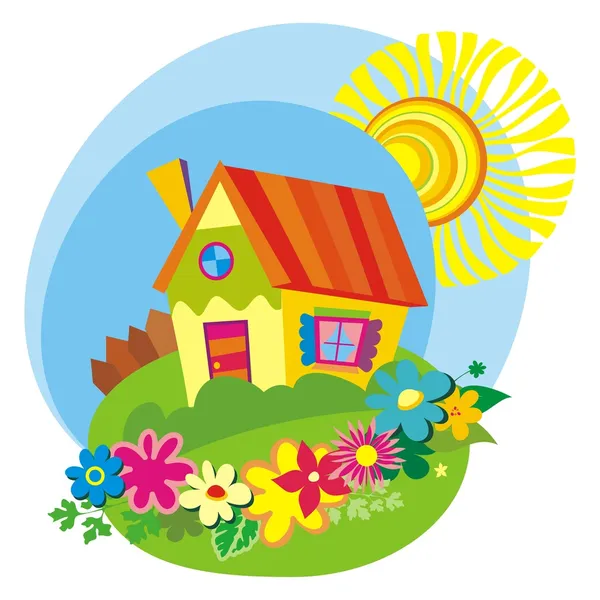 Sevimli küçük bir ev ile kırsal arka plan — Stok Vektör