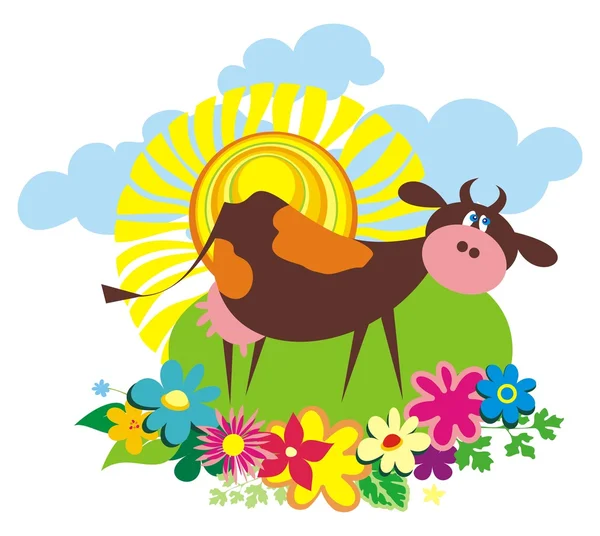 Sfondo rurale con carino cartone animato mucca — Vettoriale Stock