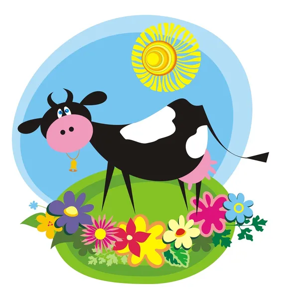 かわいい漫画牛と農村の背景 — ストックベクタ