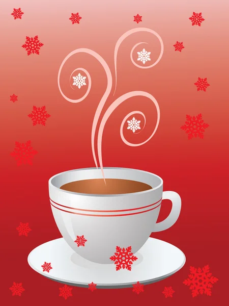 Heiße Tasse Kaffee auf Rot mit Schneeflocken — Stockvektor