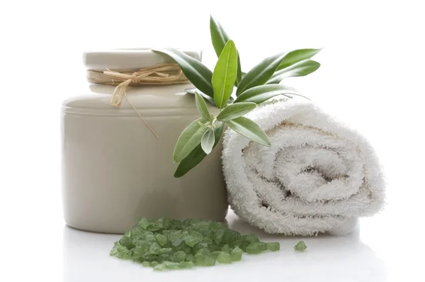 Rama de olivo fresca y sal de baño. spa — Foto de Stock