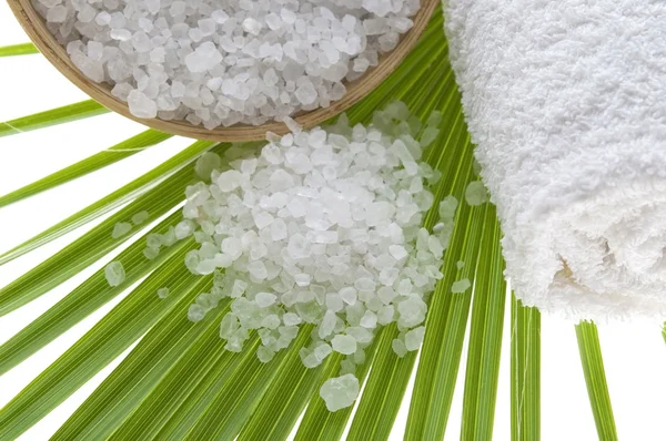 Ванна соль и пальмовый лист — стоковое фото