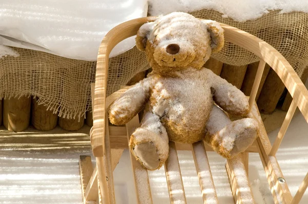 Teddy bear speelgoed en dia met sneeuw bekleding — Stockfoto