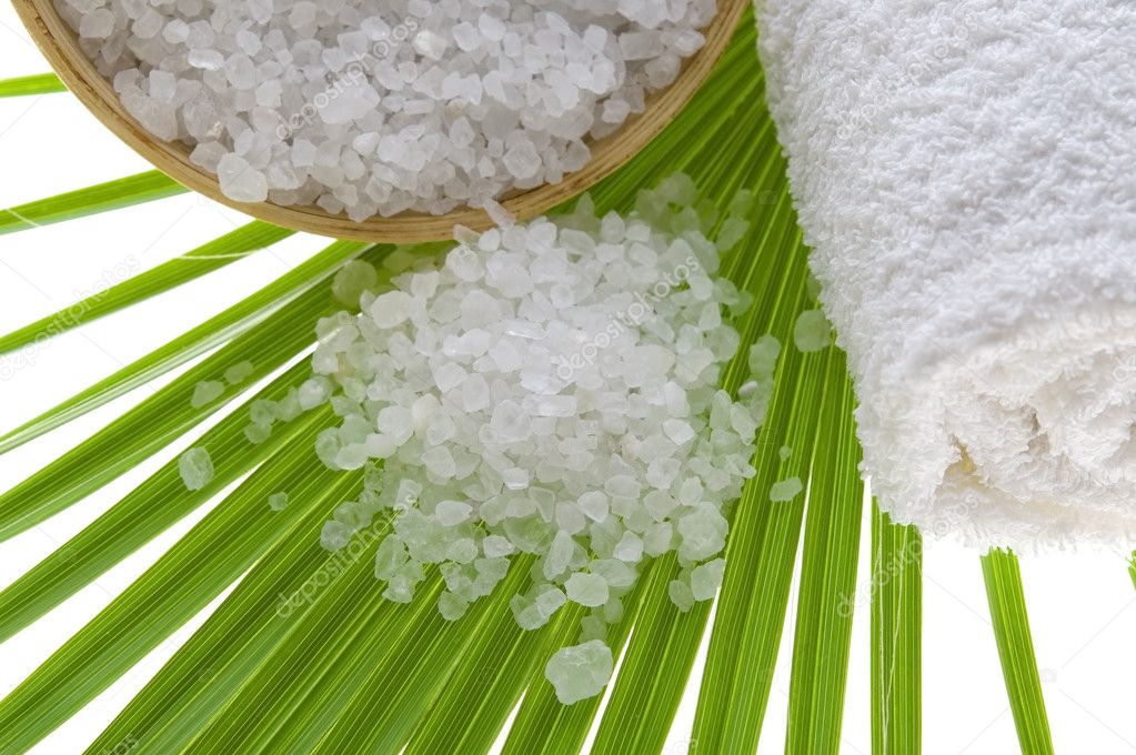 Bath salt and palm leaf